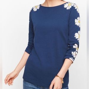 Talbots Blue Daisies Floral Fitted 3/4 Sleeve Soft Knit Top SP